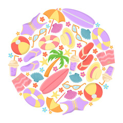 Circular pattern with beach holiday elements vector illustration. Collection of cartoon drawings of surfboards, clothes, rubber balls and rings, drinks on white background. Summer, vacation concept