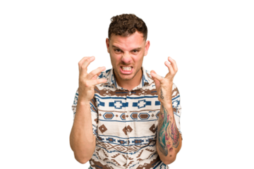 Young caucasian handsome man isolated upset screaming with tense hands.