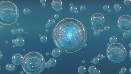3D cosmetic rendering Blue Bubbles of serum on a blurry background. Design of collagen bubbles. Essentials of Moisturizing and Serum Concept. Concept of vitamins for beauty and health.
