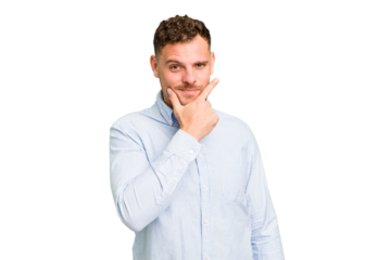 Young caucasian handsome man isolated contemplating, planning a strategy, thinking about the way of a business.