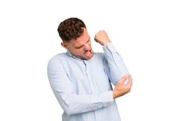 Young caucasian handsome man isolated massaging elbow, suffering after a bad movement.