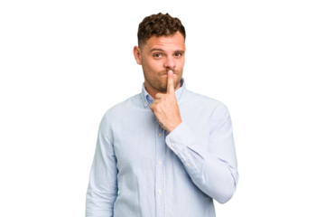 Young caucasian handsome man isolated thinking and looking up, being reflective, contemplating, having a fantasy.