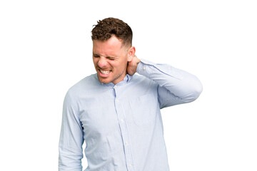 Fototapeta premium Young caucasian handsome man isolated having a neck pain due to stress, massaging and touching it with hand.
