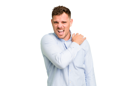 Young caucasian handsome man isolated having a shoulder pain.