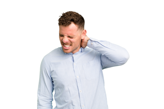 Young caucasian handsome man isolated having a neck pain due to stress, massaging and touching it with hand.