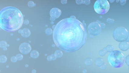 3D rendering Cosmetics Serum bubbles on defocus background. Collagen bubbles Design. Moisturizing Cream and Serum Concept. Vitamin for personal care and beauty concept. 