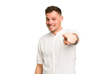 Young caucasian handsome man isolated cheerful smiles pointing to front.