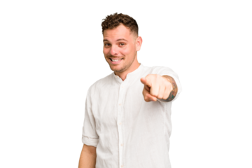 Young caucasian handsome man isolated cheerful smiles pointing to front.