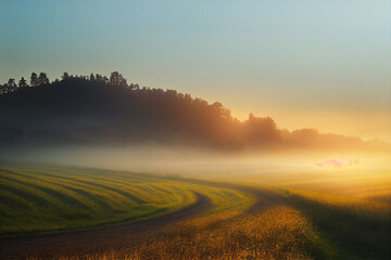 Obraz na płótnie Canvas Winding Farm Road through Foggy Landscape - fields, meadow, sun during sunrise