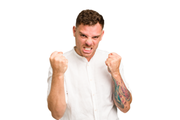 Young caucasian handsome man isolated upset screaming with tense hands.