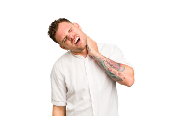 Young caucasian handsome man isolated suffering neck pain due to sedentary lifestyle.