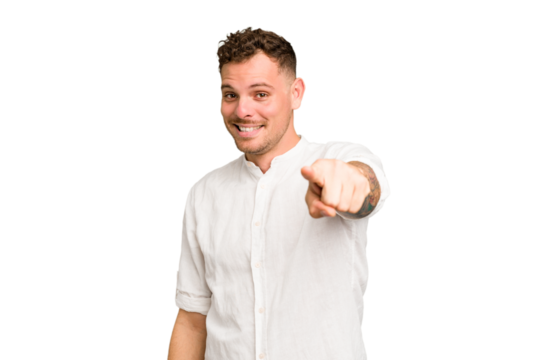 Young caucasian handsome man isolated cheerful smiles pointing to front.