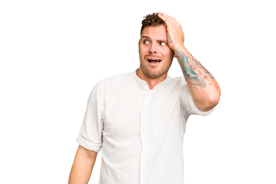 Young caucasian handsome man isolated being shocked, she has remembered important meeting.