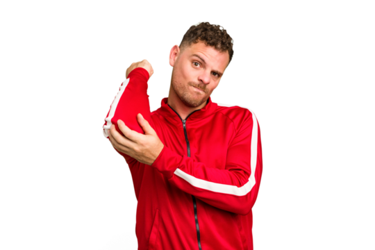 Young caucasian handsome man isolated having a neck pain due to stress, massaging and touching it with hand. - Powered by Adobe