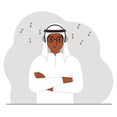 A muslim man in headphones listens to music. Podcast and hobby concept. Character for decor, design and print.