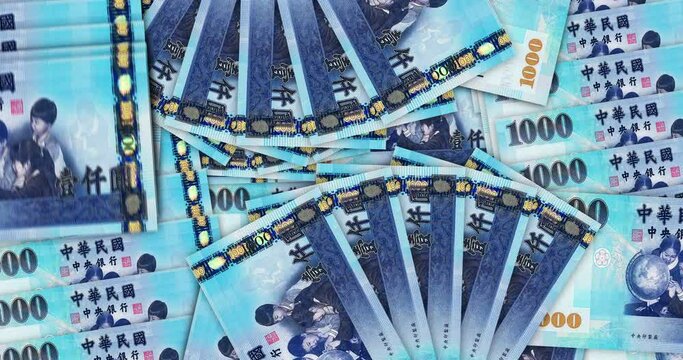 Taiwan Dollar banknotes in a cash fan mosaic pattern loop. Taiwanese 1000 TWD notes. Abstract concept of bank, finance, economy seamless and looped decorative design background.