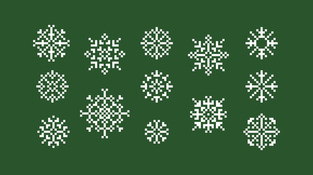 8 Bit pixelart snowflake icon set. isolated snow symbols.
