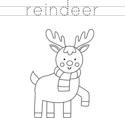 Trace the letters and color cartoon reindeer. Handwriting practice for kids.
