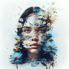 Surreal double exposure image of woman and flowers. Great for ads, book covers, posters and more. AI Generated Illustration.