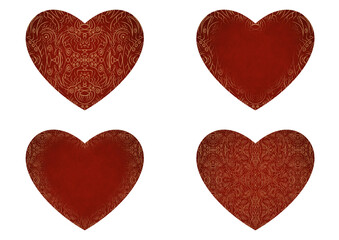 Set of 4 heart shaped valentine's cards. 2 with pattern, 2 with copy space. Deep red background and gold glittery pattern on it. Cloth texture. Hearts size about 8x7 inch / 21x18 cm (p03ab)