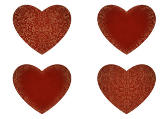 Set of 4 heart shaped valentine's cards. 2 with pattern, 2 with copy space. Deep red background and gold glittery pattern on it. Cloth texture. Hearts size about 8x7 inch / 21x18 cm (p06ab)