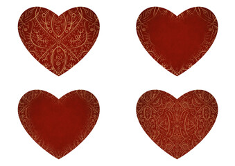 Set of 4 heart shaped valentine's cards. 2 with pattern, 2 with copy space. Deep red background and gold glittery pattern on it. Cloth texture. Hearts size about 8x7 inch / 21x18 cm (p08-2ab)