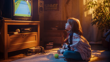 Young Sports Fan Watches a Tennis Match on Retro TV in Her Room with Dated Interior. Girl Supporting Her Favorite Player, Feeling Excited About the Tournament. Nostalgic Childhood Concept.