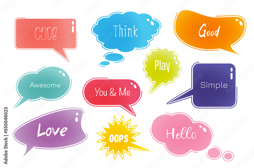 Poster Speech bubbles set in cartoon design. Bundle of different shapes of dialog windows with inscriptions like Hi, Think, Good, Awesome, Hello, Play and other isolated flat elements. Illustration