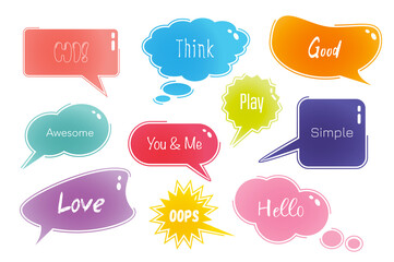 Speech bubbles set in cartoon design. Bundle of different shapes of dialog windows with inscriptions like Hi, Think, Good, Awesome, Hello, Play and other isolated flat elements. Illustration