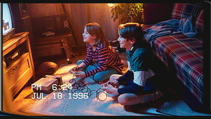 Retro VHS Tape Effect Home Video Concept: Young Brother and Sister Playing Old-School Arcade Video Game on a TV Set and Console at Home. Happy and Excited Kids Winning and Smiling.