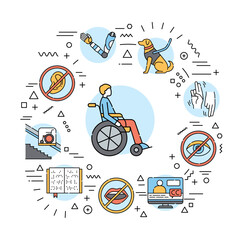 Disability web banner. Infographics with linear icons