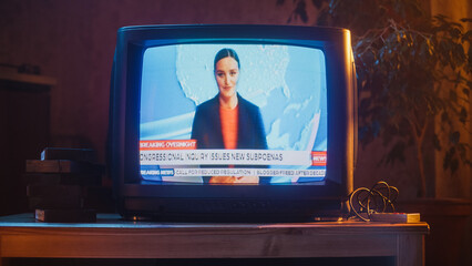Close Up Footage of a Dated TV Set Screen with Breaking News Report. Beautiful Female Host Reads Important News on Live Television Broadcast. Nostalgic Retro Nineties Technology Concept. - obrazy, fototapety, plakaty