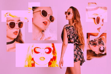 Sunglasses on a girl, a model advertises glasses, a collage, a lot of stylish photos. Woman posing...