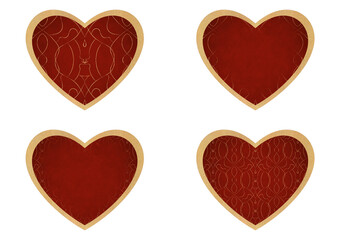 Set of 4 heart shaped valentine's cards. 2 with pattern, 2 with copy space. Deep red background and gold glittery pattern on it. Cloth texture. Hearts size about 8x7 inch / 21x18 cm (p08-1bc)