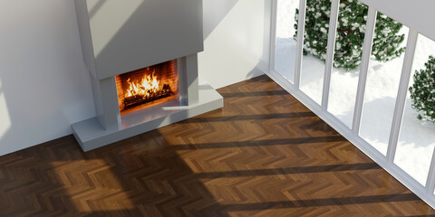 Obraz premium Living room interior. Fireplace, snow out of window, wooden floor, high angle. 3d