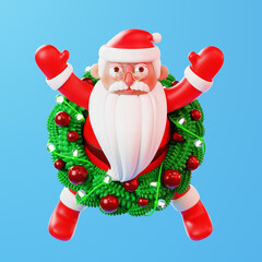 Creative 3d illustration of Merry Christmas and Happy New Year 2023 holiday card, banner, web poster. Christmas Santa Claus stuck in a Christmas wreath. 3d rendering.