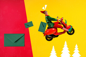 Collage photo banner of youngster funny guy wear green elf costume drive post mail delivery wishes...