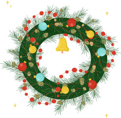 Vector Christmas fir wreath with a red garland, balls and a bell on a transparent background. Festive design for greeting card, poster, web design.