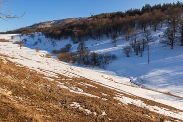 Scenic winter landscape with trees and mountains, Armenia