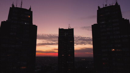 Eastern gate buildings, one of recognizable brutalism architecture symbols of Belgrade, Serbia.