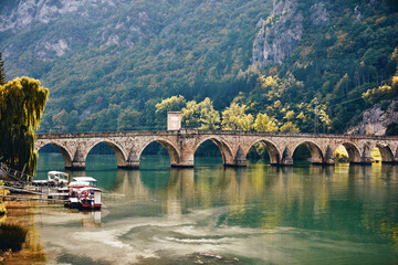 Bridge on river Drina, famous historic Ottoman architecture in Visegrad, Bosnia and Herzegovina.