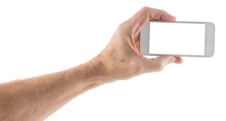 Male left hand holding smartphone with blank screen