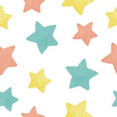 Seamless pattern of watercolor stars, cartoon, multicolored, for fabric, packaging, etc. use