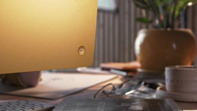 Girl in the office presses the power button on the monitor of a gold-colored monoblock computer. Close-up