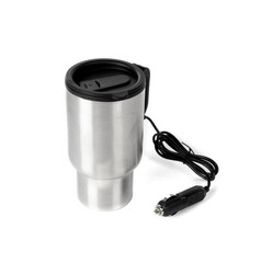 Modern metal electric car mug thermos with cable 12v plug isolated over white background