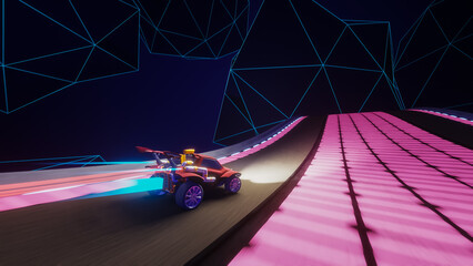 Gameplay of an Off-Road Racing Video Game in Futuristic Sci-Fi Fantasy Space. Computer Generated 3D Render of Fast Car Driving and Drifting on Futuristic Road. VFX Illustration. Third-Person View.