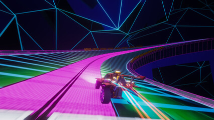 Gameplay of an Off-Road Racing Video Game in Futuristic Sci-Fi Fantasy Space. Computer Generated 3D Render of Fast Car Driving and Drifting on Neon Track. VFX Illustration. Third-Person View.