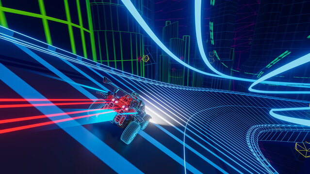 Gameplay of an Off-Road Racing Video Game in 3D Render of Polygon Space. Computer Generated Car Driving Fast and Drifting on Futuristic Road. VFX Illustration. Third-Person View.
