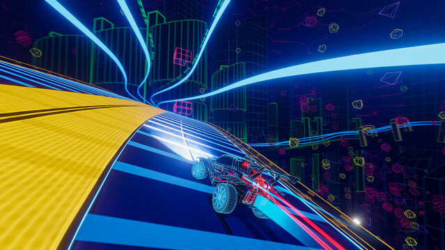 Gameplay of an Off-Road Racing Video Game in 3D Render of Polygon Space. Computer Generated Car Driving Fast and Drifting on Futuristic Neon Colored Road. VFX Illustration. Third-Person View.