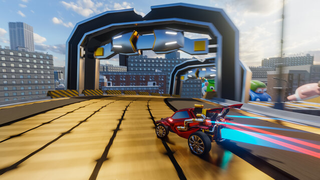 Off-Road Racing Arcade Video Game Level in Chaotic City. Computer Generated 3D Render of Car Driving Fast, Drifting and Collecting Coins on Highway. VFX Illustration. Third-Person View.
